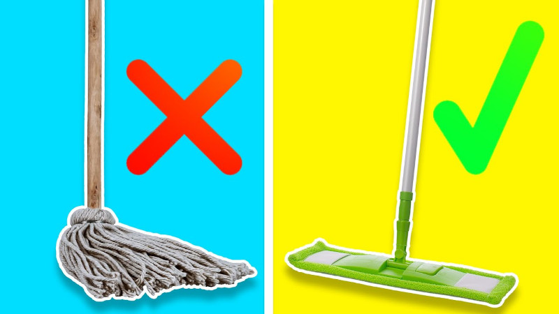 traditional floor clean mop next to a microfiber flat mop