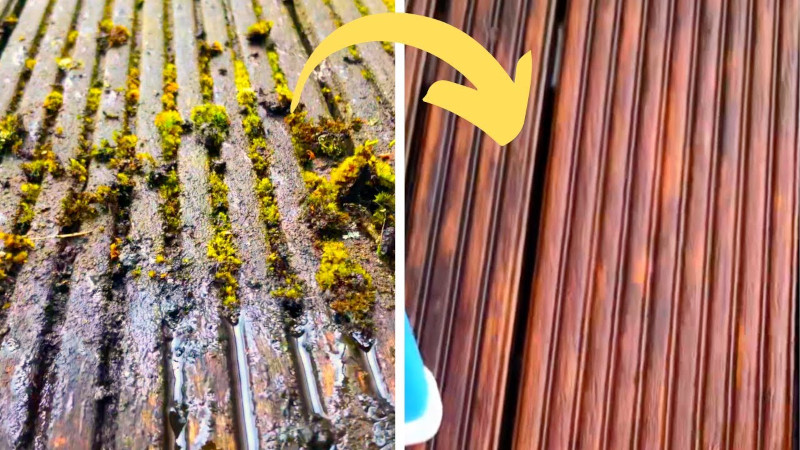 a wooden deck before and after showing clean vs dirty