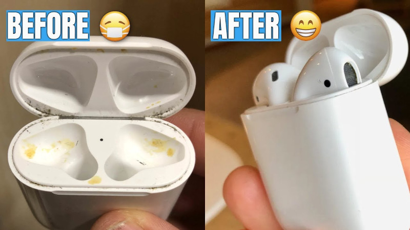 before and after showing dirty and clean airpods
